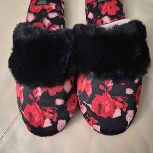Victoria's Secret Black Slippers with Red Floral Print and Black Faux-Fur Trim